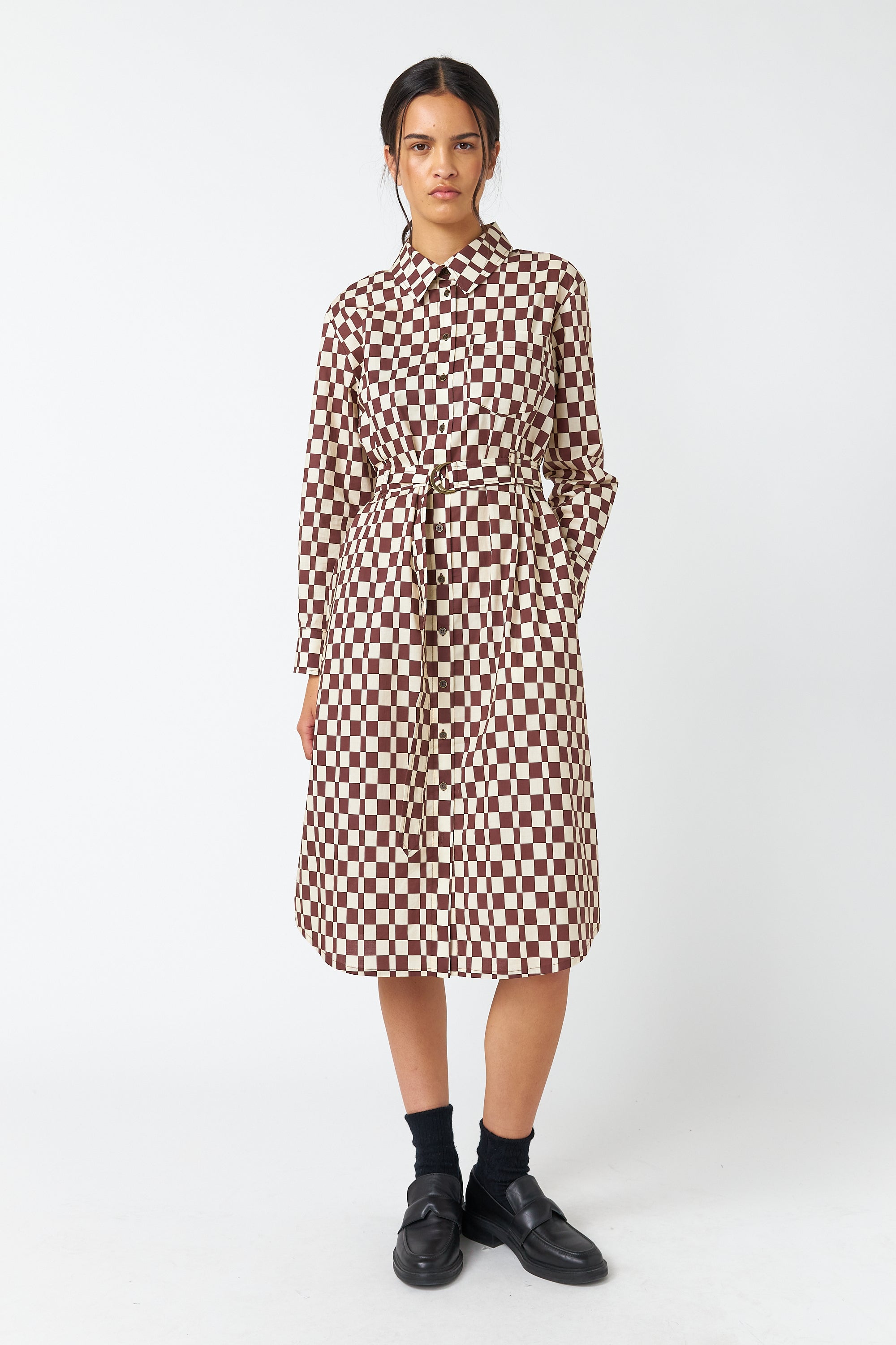 シェリエ　flocky check long shirt dress Linen Check Shirt Dress – Sahara